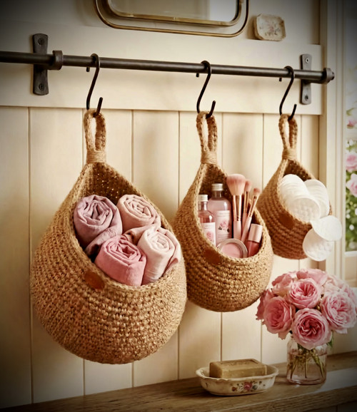 Sada 3 háčkovaných jutových košíků v boho stylu — foto 3