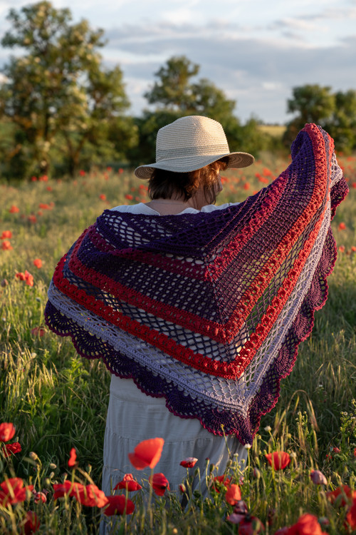 Bavlněný háčkovaný šátek fialový, boho pléd — foto 3