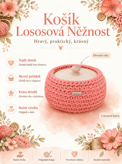 Háčkovaný košík lososový s dřevěným víkem — foto 2