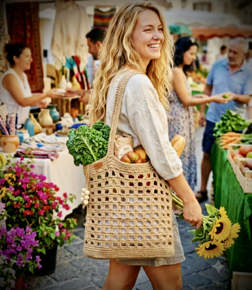 Háčkovaná jutová plážová taška v boho stylu — foto 2
