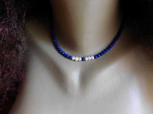 Náhrdelník - lapis lazuli,perličky, nerez — foto 6