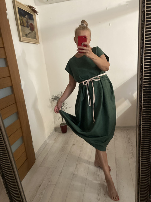 Ľanové Šaty s Vreckami /Tm. Zelená/ — foto 3