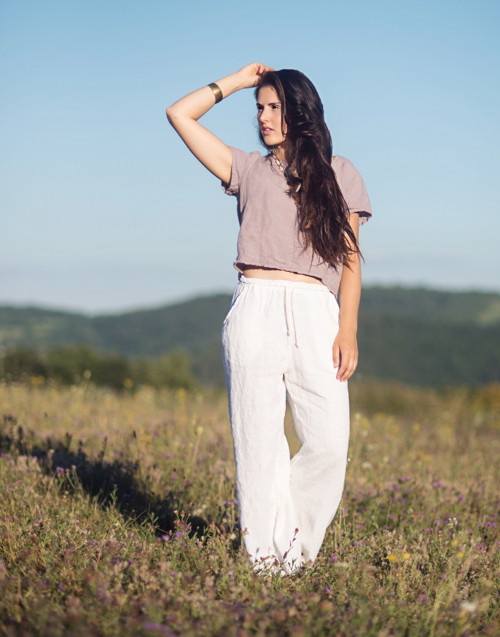 Lněné kalhoty široké bílé — foto 5