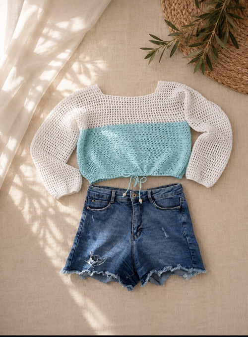 Háčkovaný crop top s dlouhým rukávem — foto 2