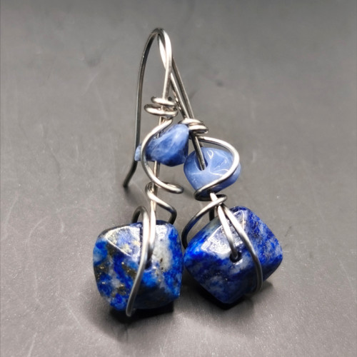 Náušnice - ocel/lapis lazuli/sodalit — foto 4