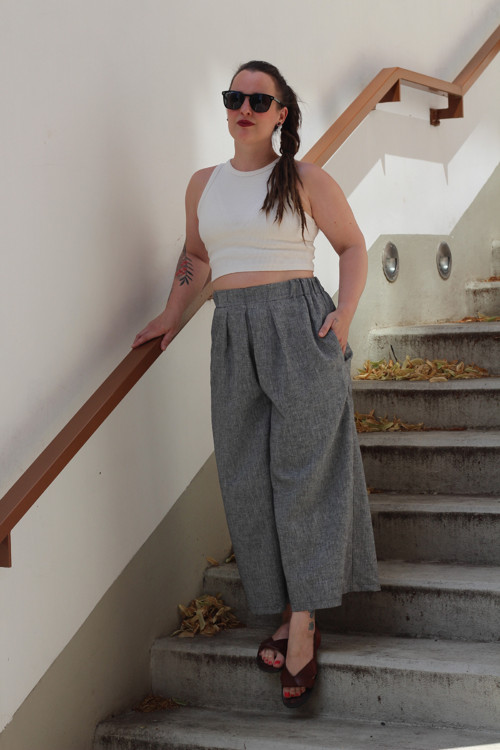 Lněné culottky rybí kost černá — foto 3