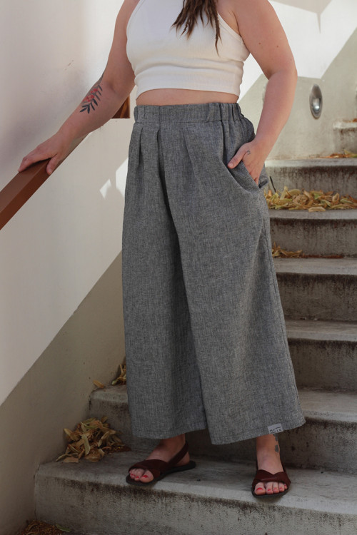 Lněné culottky rybí kost černá — foto 4