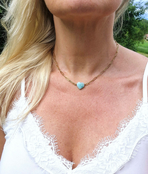 Larimar*srdce*náhrdelník*ocel pozlacená — foto 2