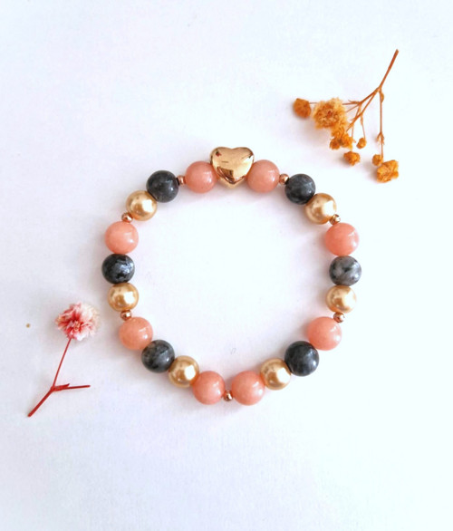 Srdce*rose gold ocel*labradorit*rodochrozit*perly — foto 2