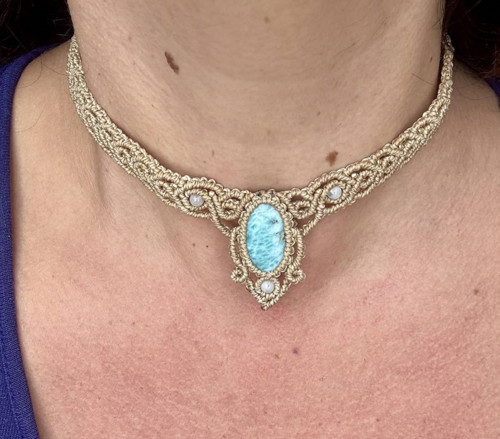 Larimar a mesačný kameň makramé choker — foto 3