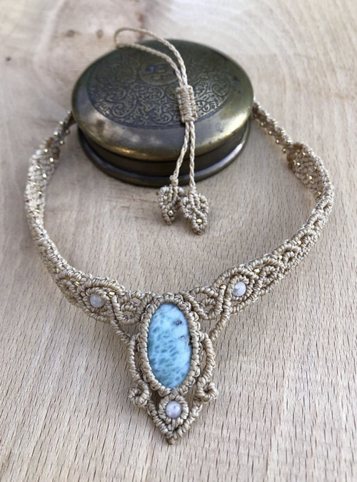Larimar a mesačný kameň makramé choker — foto 5