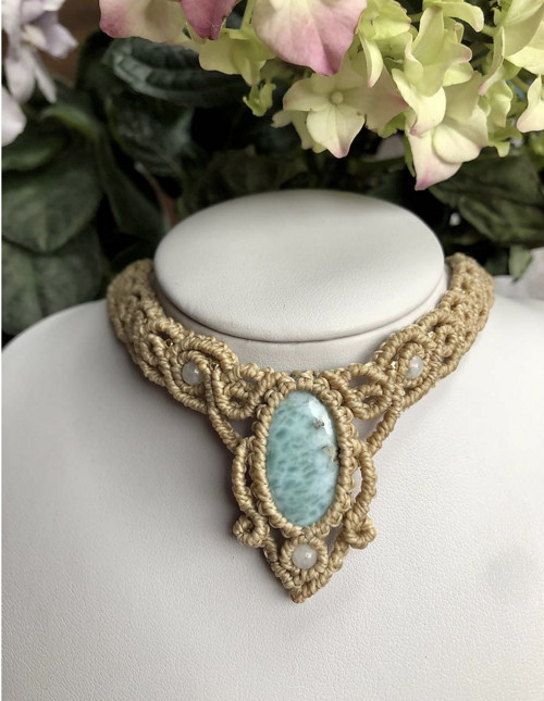 Larimar a mesačný kameň makramé choker — foto 6