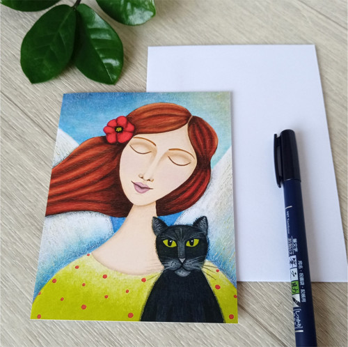 Přání Anděl s černou kočkou autorská ilustrace — foto 3