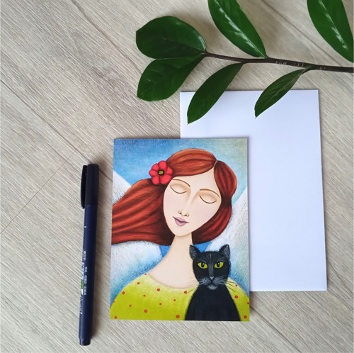 Přání Anděl s černou kočkou autorská ilustrace — foto 5