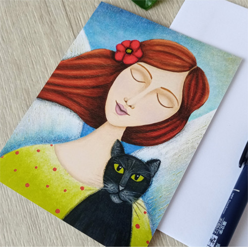Přání Anděl s černou kočkou autorská ilustrace — foto 4