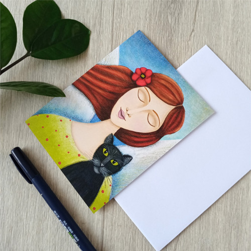 Přání Anděl s černou kočkou autorská ilustrace — foto 2