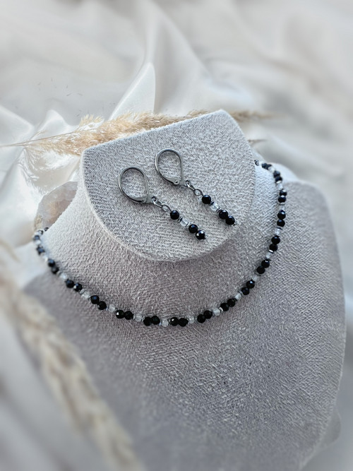 Náušnice černý spinel, bílý topaz, ocel — foto 3