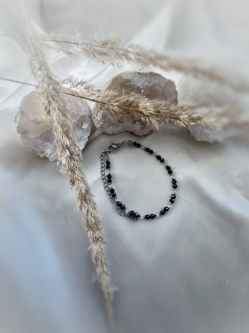 Náramek černý spinel, bílý topaz, hematit a ocel — foto 4