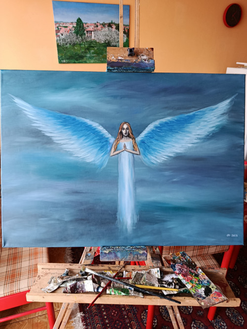 Modrokřídlý anděl – olejomalba na plátně — foto 5