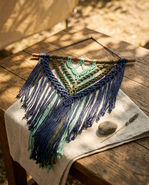 Macramé závěsná dekorace - modrozelená — foto 2
