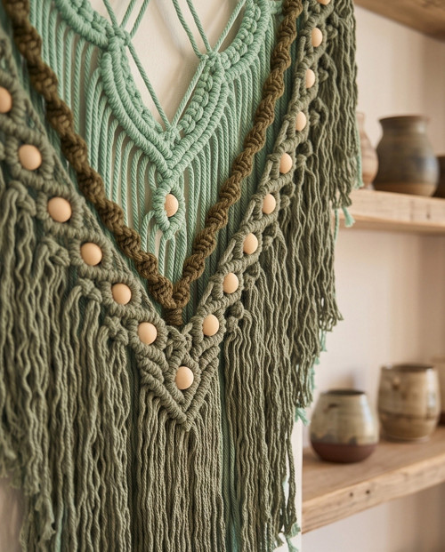 Macramé závěsná dekorace - zelená s korálky — foto 2