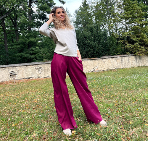 Volné kalhoty - lněné amaranth — foto 2
