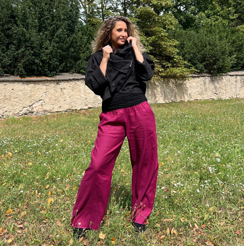 Volné kalhoty - lněné amaranth — foto 3