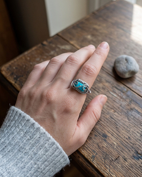 Prsten s tyrkysem wire wrapping nerez — foto 5