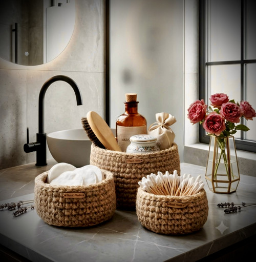 Háčkovaný jutový košíček-Boho organizér — foto 5