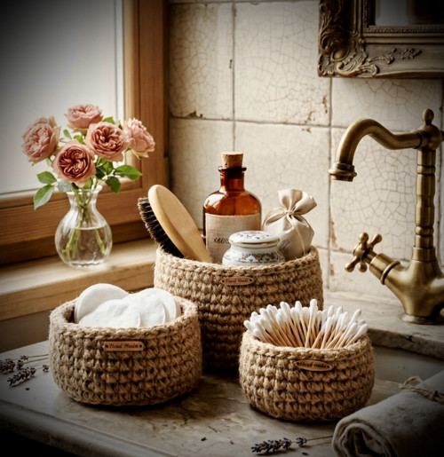 Háčkovaný jutový košíček-Boho organizér — foto 6