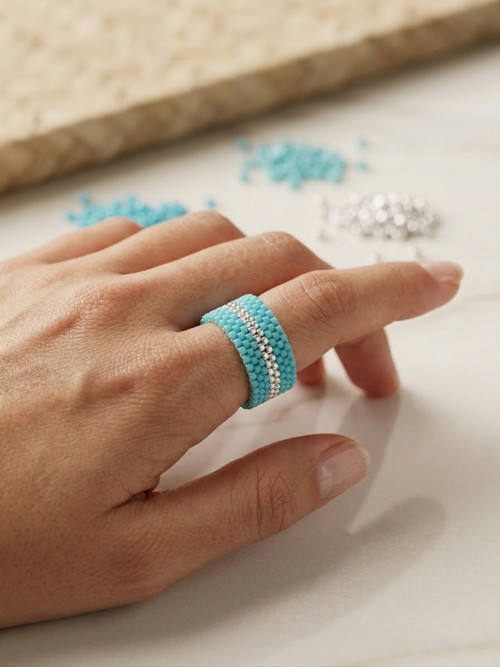 Ručně tkaný Miyuki prsten - Silver Line Turquoise — foto 2