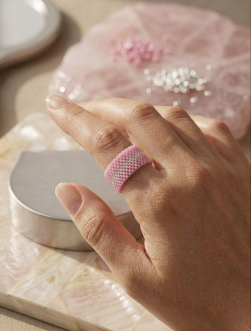 Ručně tkaný Miyuki prsten - Silver Line pink — foto 2