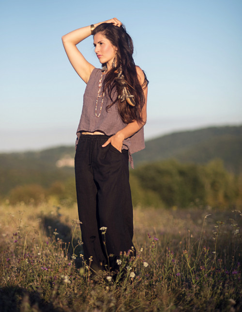 Lněné kalhoty široké Černé — foto 6