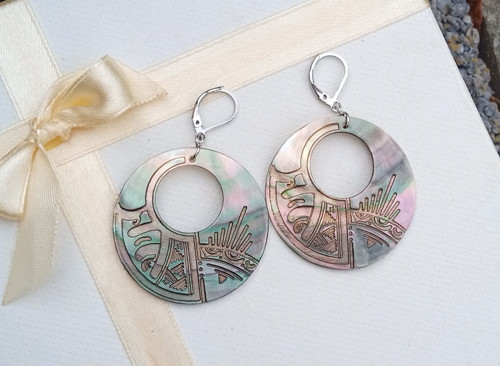 Etno náušnice s abalone perletí 40 mm – Ocel — foto 4