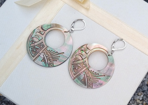 Etno náušnice s abalone perletí 40 mm – Ocel — foto 6