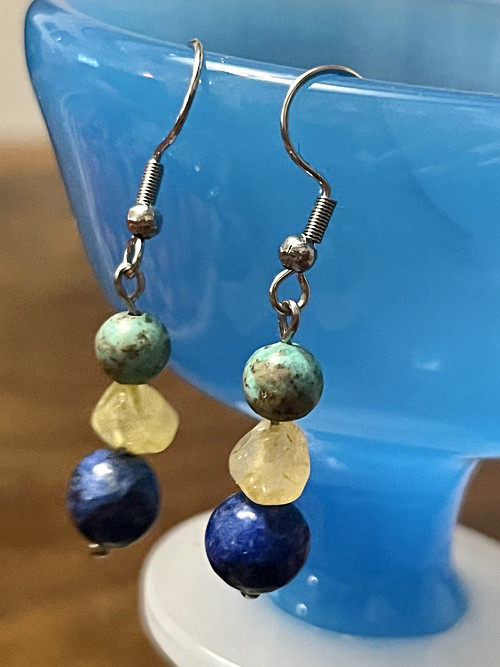 Náušnice lapis lazuli, citrín, tyrkys, chir. ocel — foto 2
