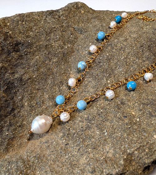 Larimar/Perly říční, chirurgická ocel — foto 2