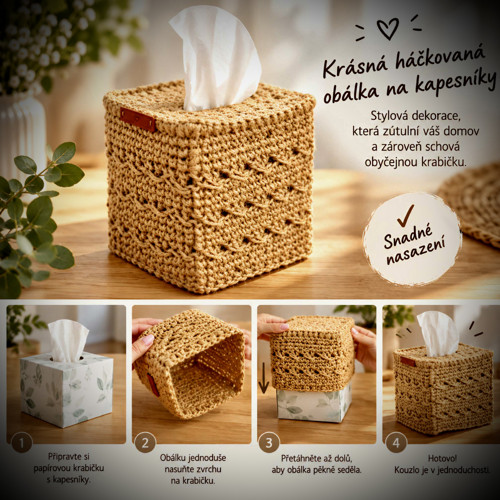 Háčkovaný jutový obal na kapesníky v boho stylu — foto 4