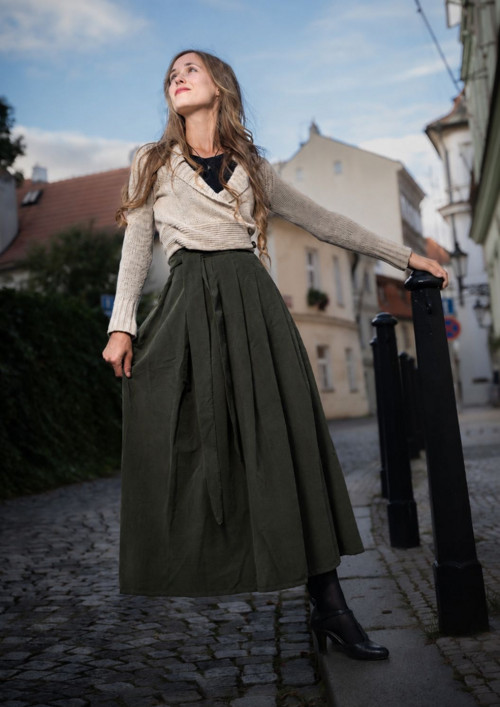 Manšestrová Maxi Sukně - Khaki — foto 5