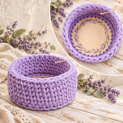 Háčkovaný košíček Levandulové snění 15cm — foto 2