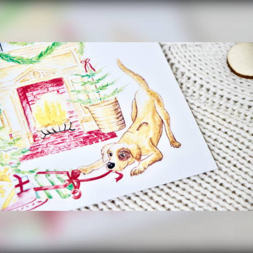 Pohlednice vánoční - pes u stromu a krbu — foto 3