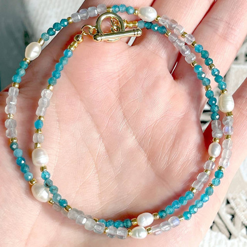 Luxusní náhrdelník labradorit, apatit, perla E021 — foto 2