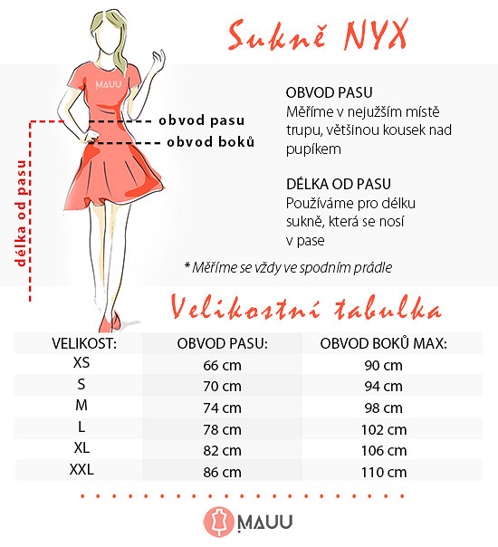 Velikostí tabulka áčkové sukně Nyx