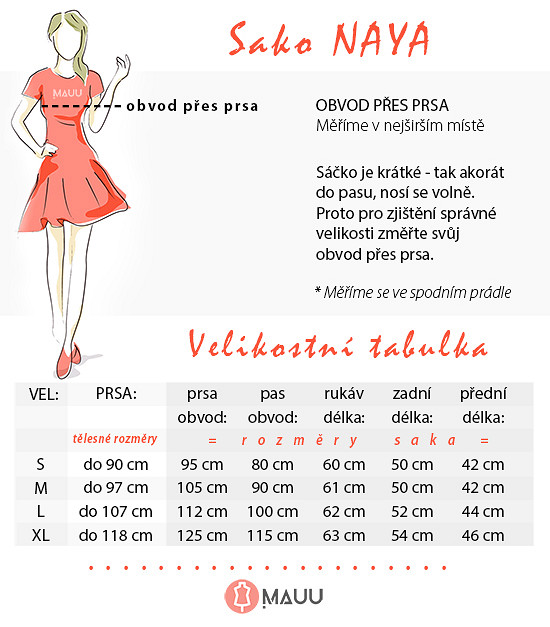 Velikostí tabulka krátké sako Naya