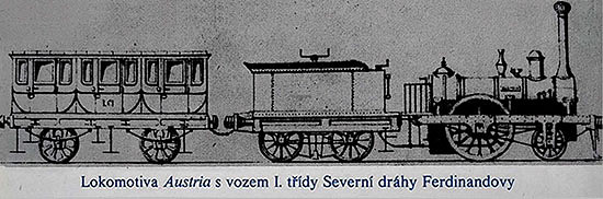 lokomotiva Austria a vozem I. třídy Severní dráhy Ferdinandovy