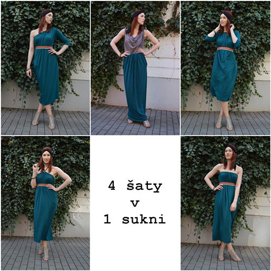 smaragdové multifunkční šaty bez rukávů, s vázaním za krkem, s 1 rukávem, s tříčtvrteční rukávy a taky dlouhá sukně
